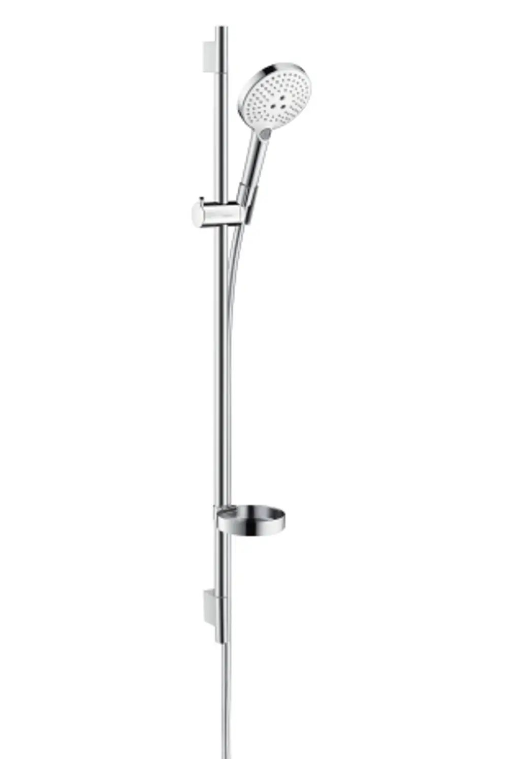 Hansgrohe Brauseset mit Handbrause, Halterung, Schlauch und integrierter Seifenschale, in Chrom und Weiß. Geeignet für die Montage an einer Duschwand.